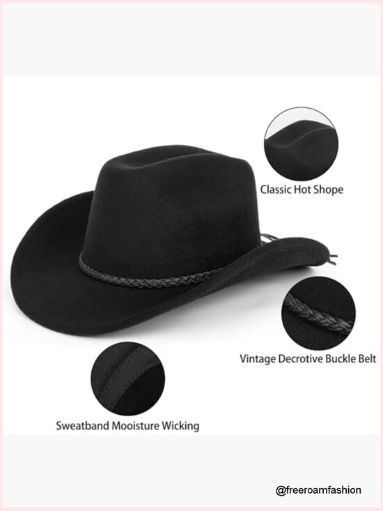 Vintage Western Cowboy Hat Wide Brim Felt Braided Rope Band Unisex main image 5